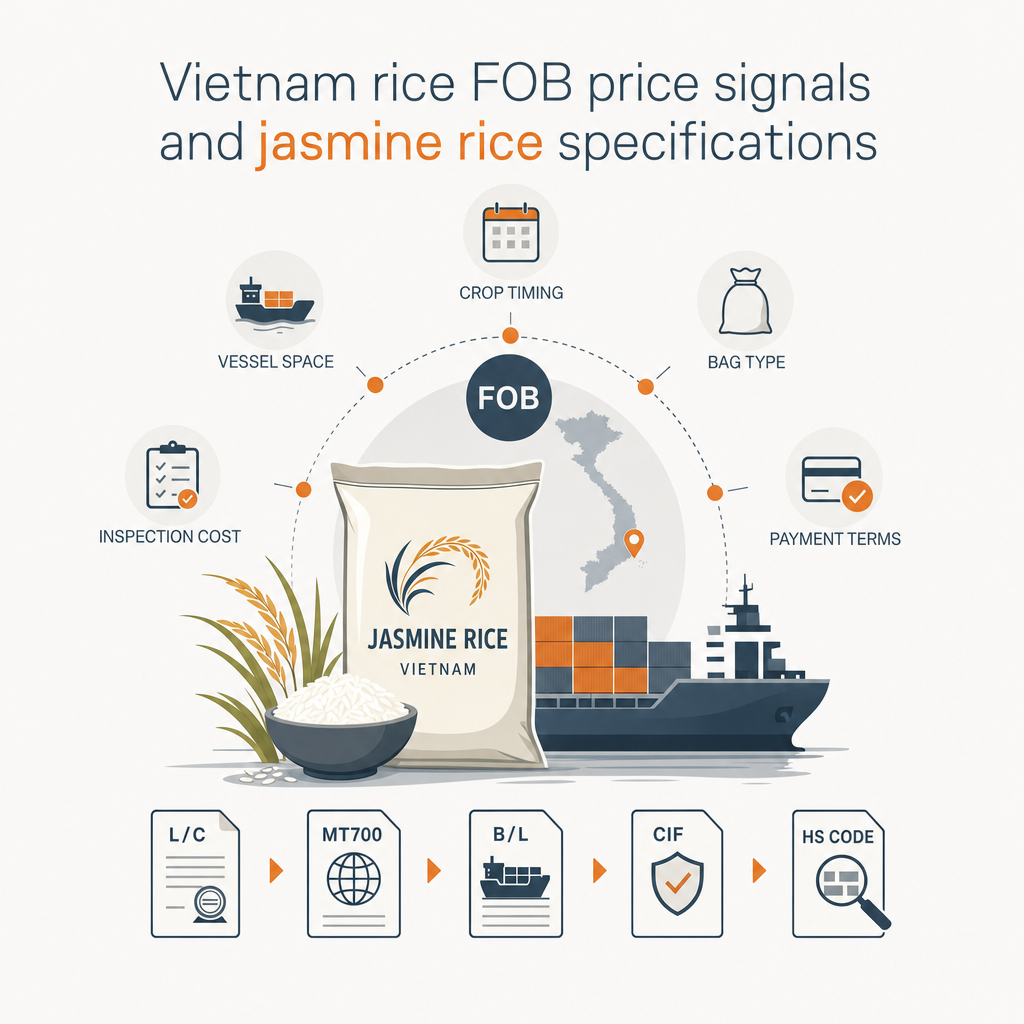 Vietnam rice FOB price signals and jasmine rice specifications — illustration