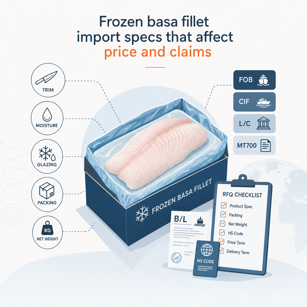 Frozen basa fillet import specs that affect price and claims — illustration
