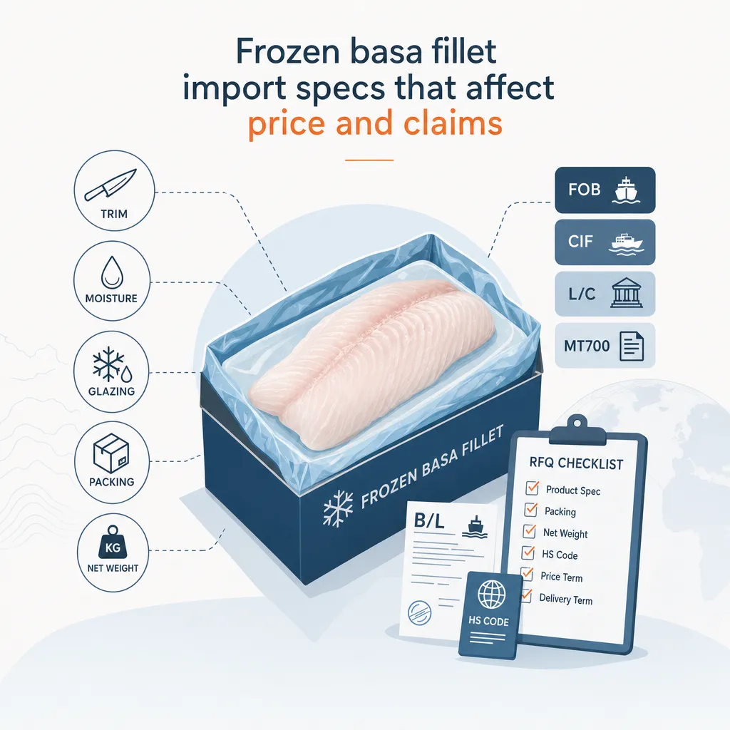 Frozen basa fillet import specs that affect price and claims — illustration