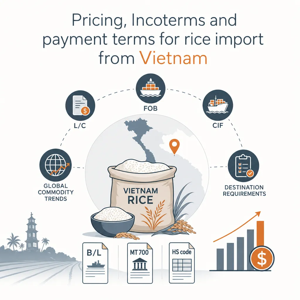 Pricing, Incoterms and payment terms for rice import from Vietnam — illustration