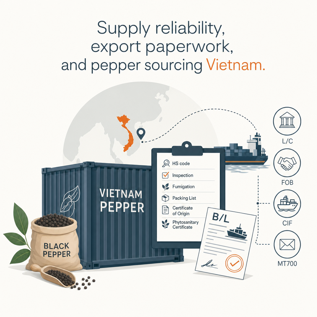 Supply reliability, export paperwork, and pepper sourcing Vietnam — illustration