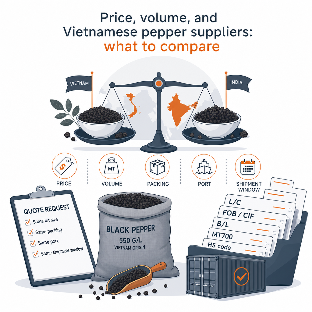 Price, volume, and Vietnamese pepper suppliers: what to compare — illustration