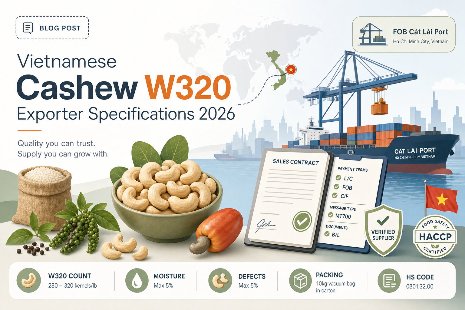 Vietnamese Cashew W320 Exporter Specifications 2026 — hero illustration