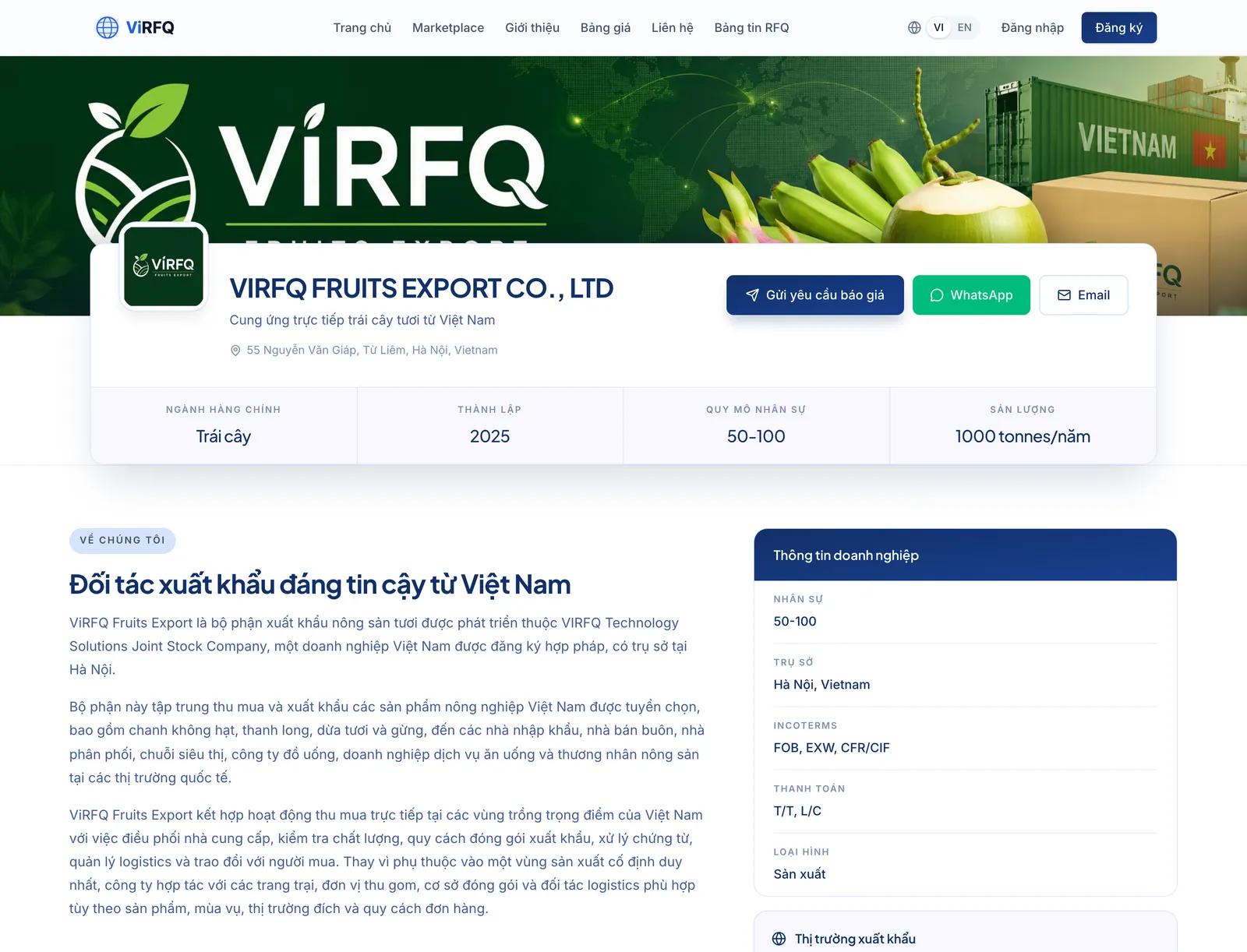 Public profile page of an exporter on ViRFQ with cover photo, introduction and products