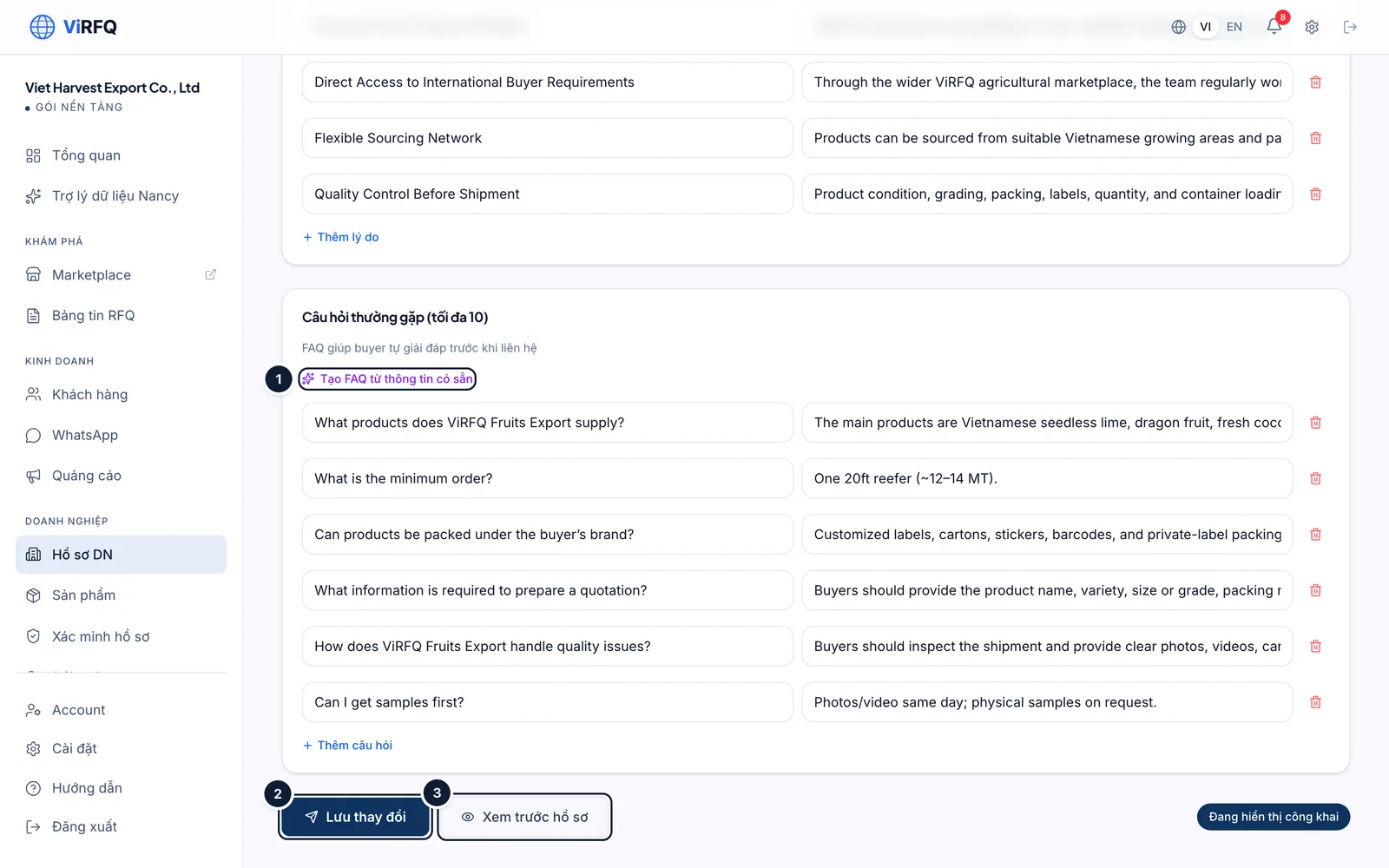 Bottom of the Business Profile page with the Generate FAQ from existing info button (1), Save changes (2) and Preview profile (3)