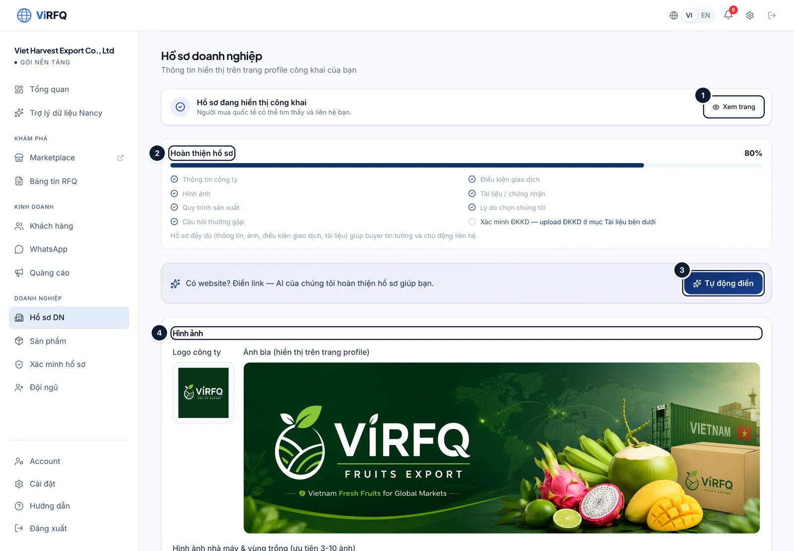 Top of the Business Profile page with the View page button (1), the Profile completeness bar (2), the Auto-fill from website button (3) and the Images section (4)