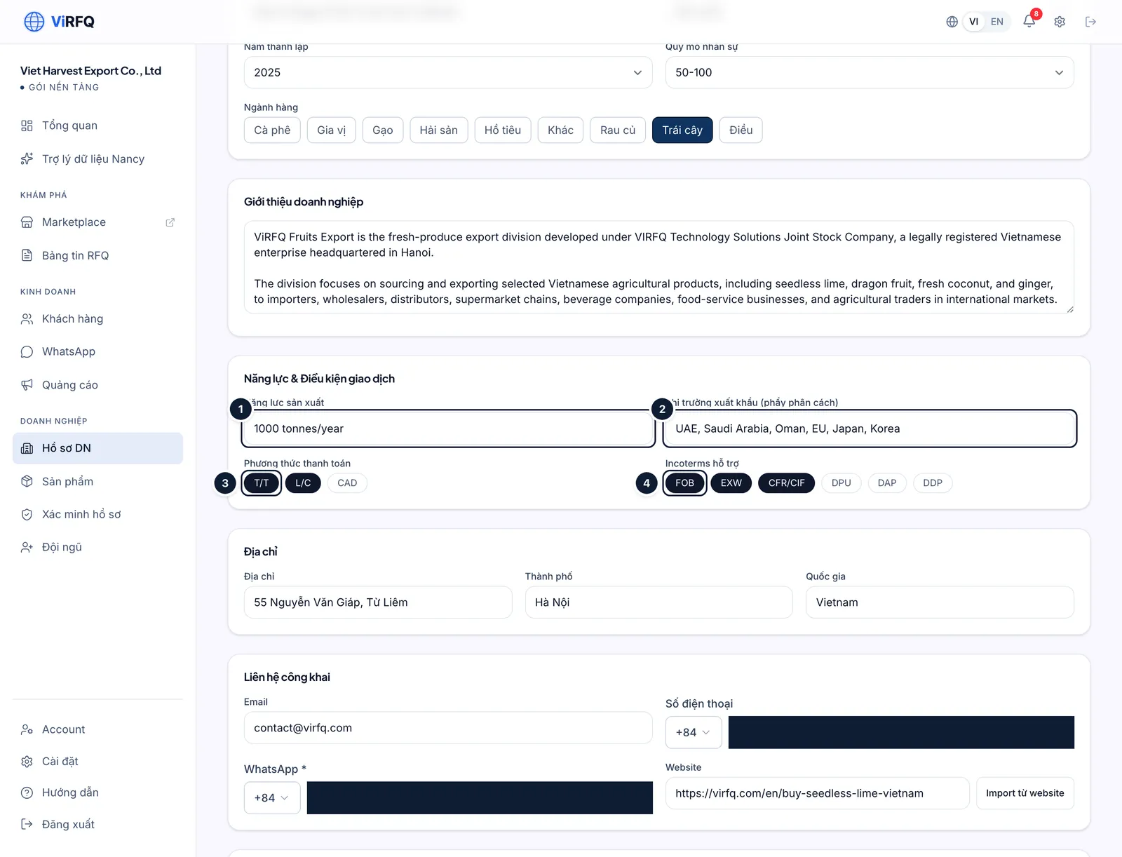 Capacity and trade terms section with the production capacity field (1), export markets (2), the T/T payment method button (3) and the FOB Incoterms button (4)