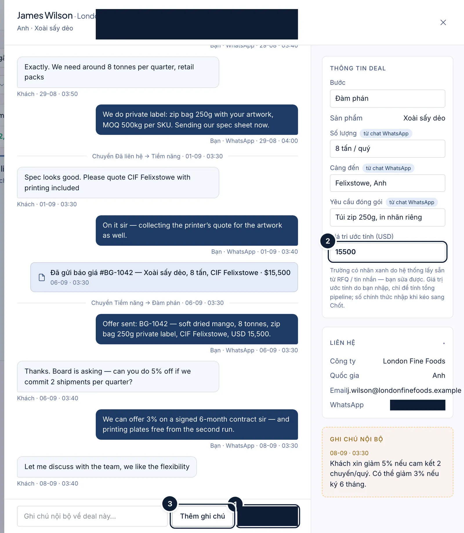 Customer detail panel with the Open WhatsApp button (1), the estimated value field (2) and the Add note button (3)