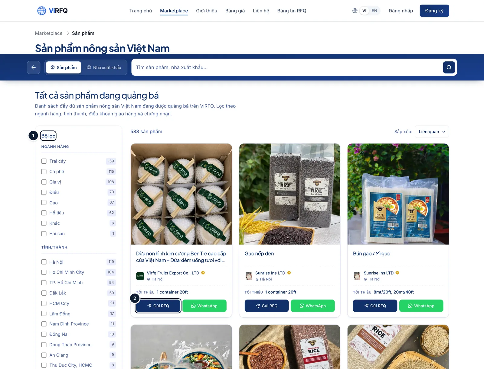 The Products page on the Marketplace with the Filters button (1) and the Send RFQ button (2) on a product card