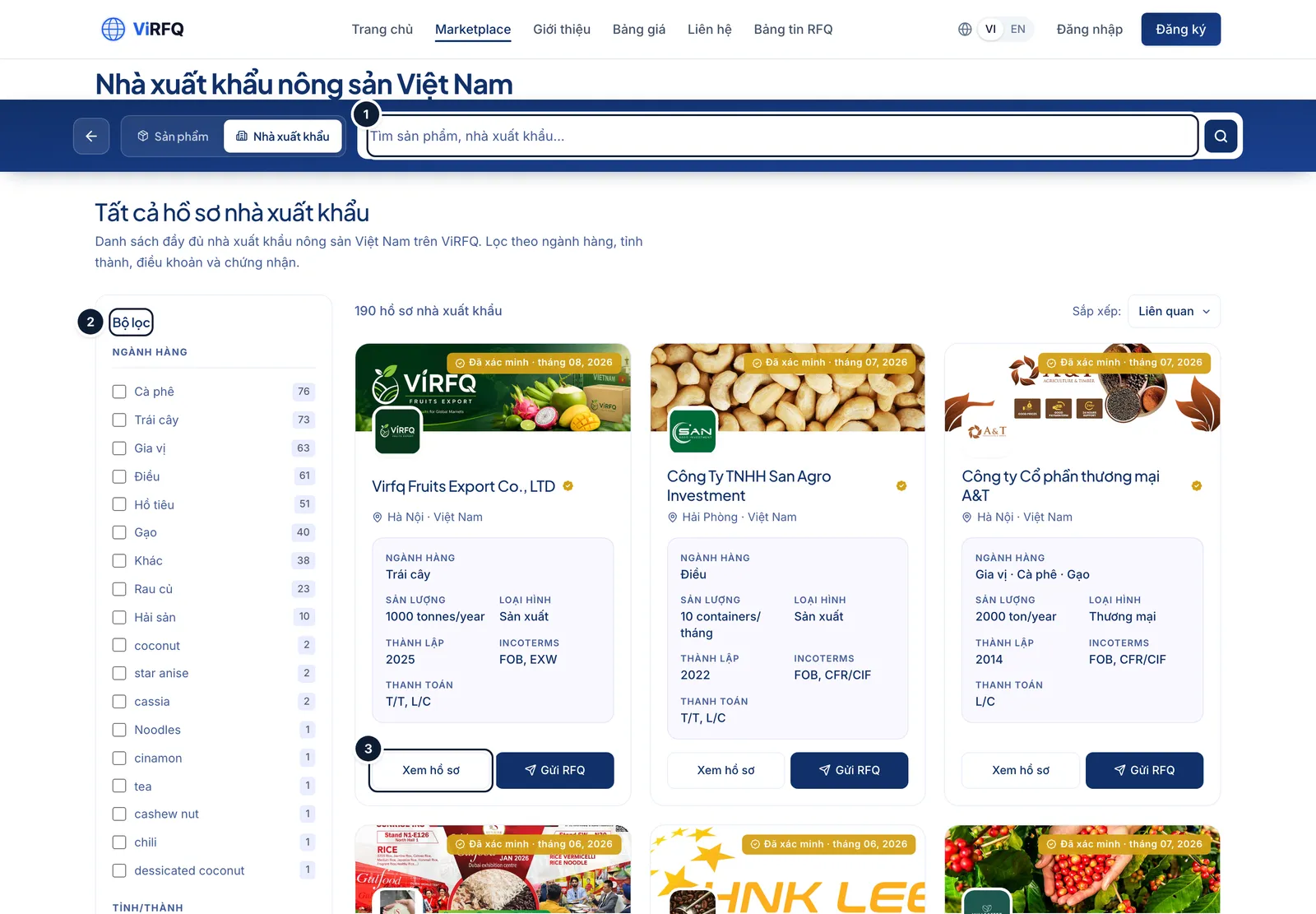 The Exporters page on the Marketplace with the search box (1), the Filters button (2) and the View profile button (3)