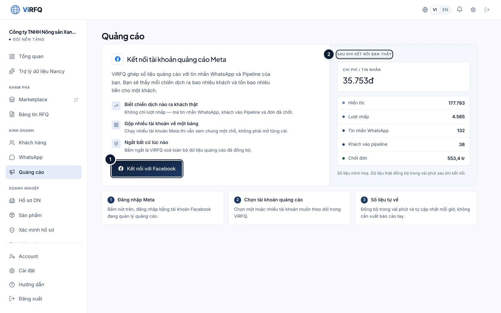 The Meta ad account connection screen with the start-connection button (1)