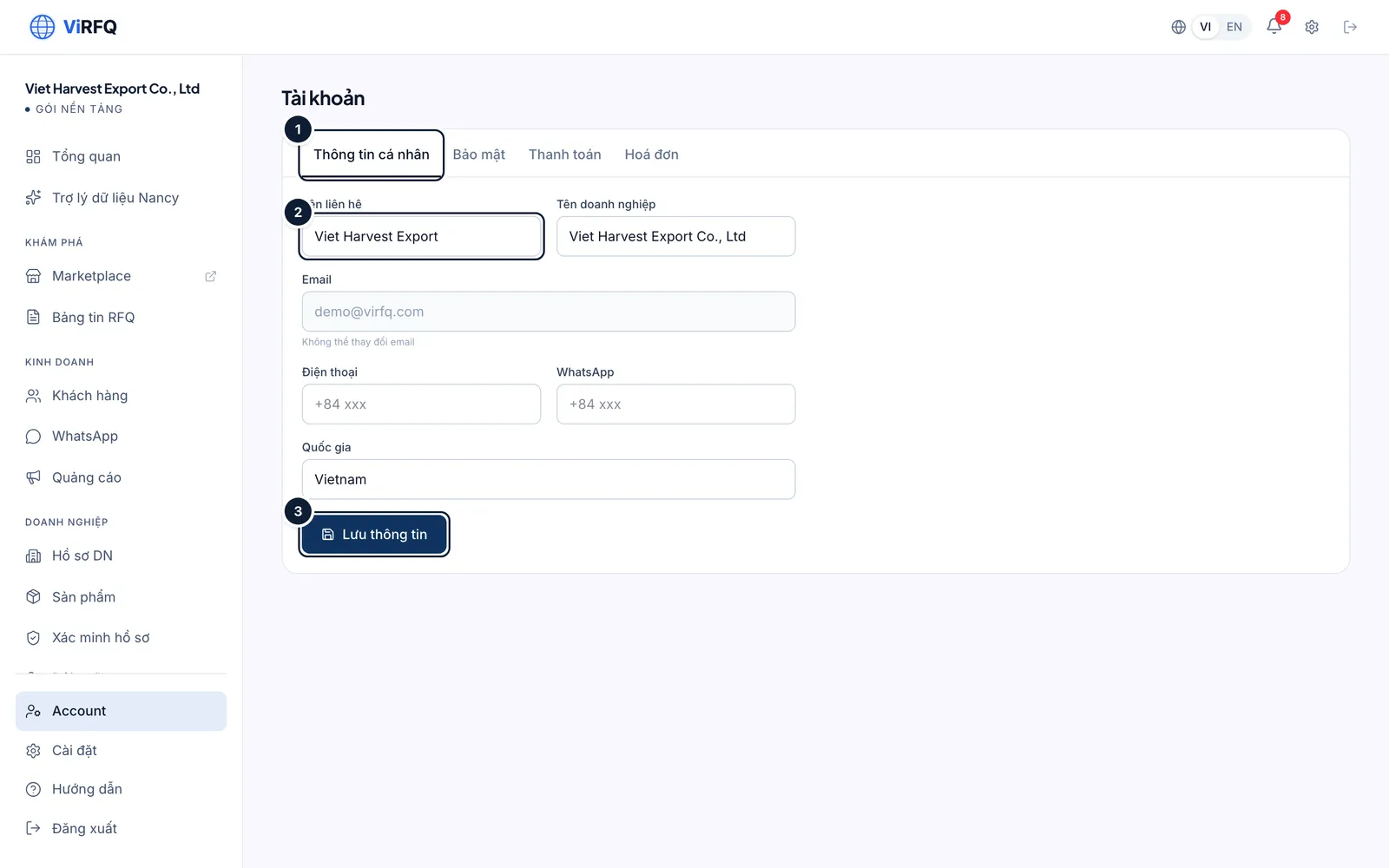 The Personal info tab (1) with the contact name field (2) and the Save button (3)