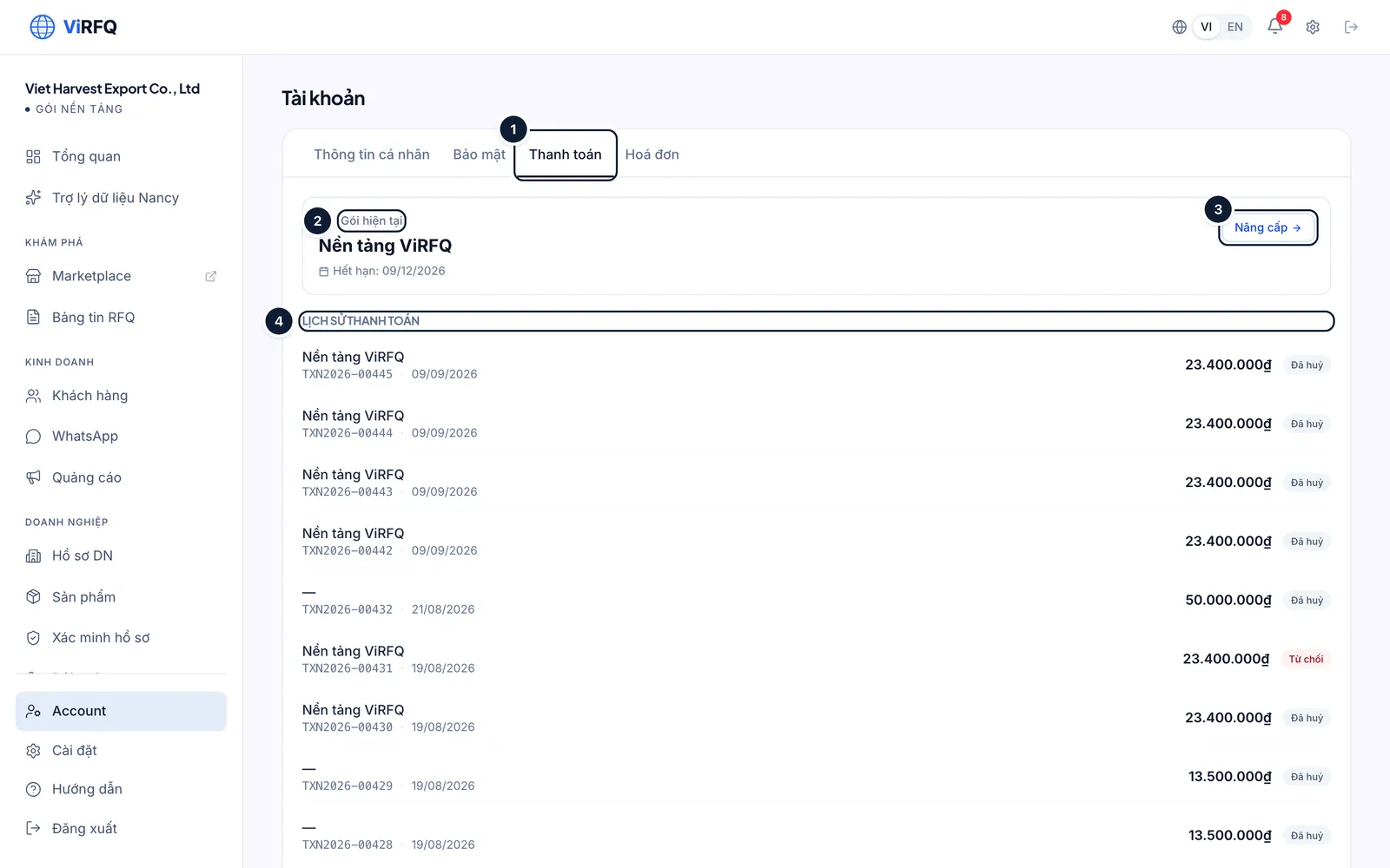 The Payment tab (1) on the Account page with the Current plan block (2), the Upgrade button (3) and the Payment history (4)