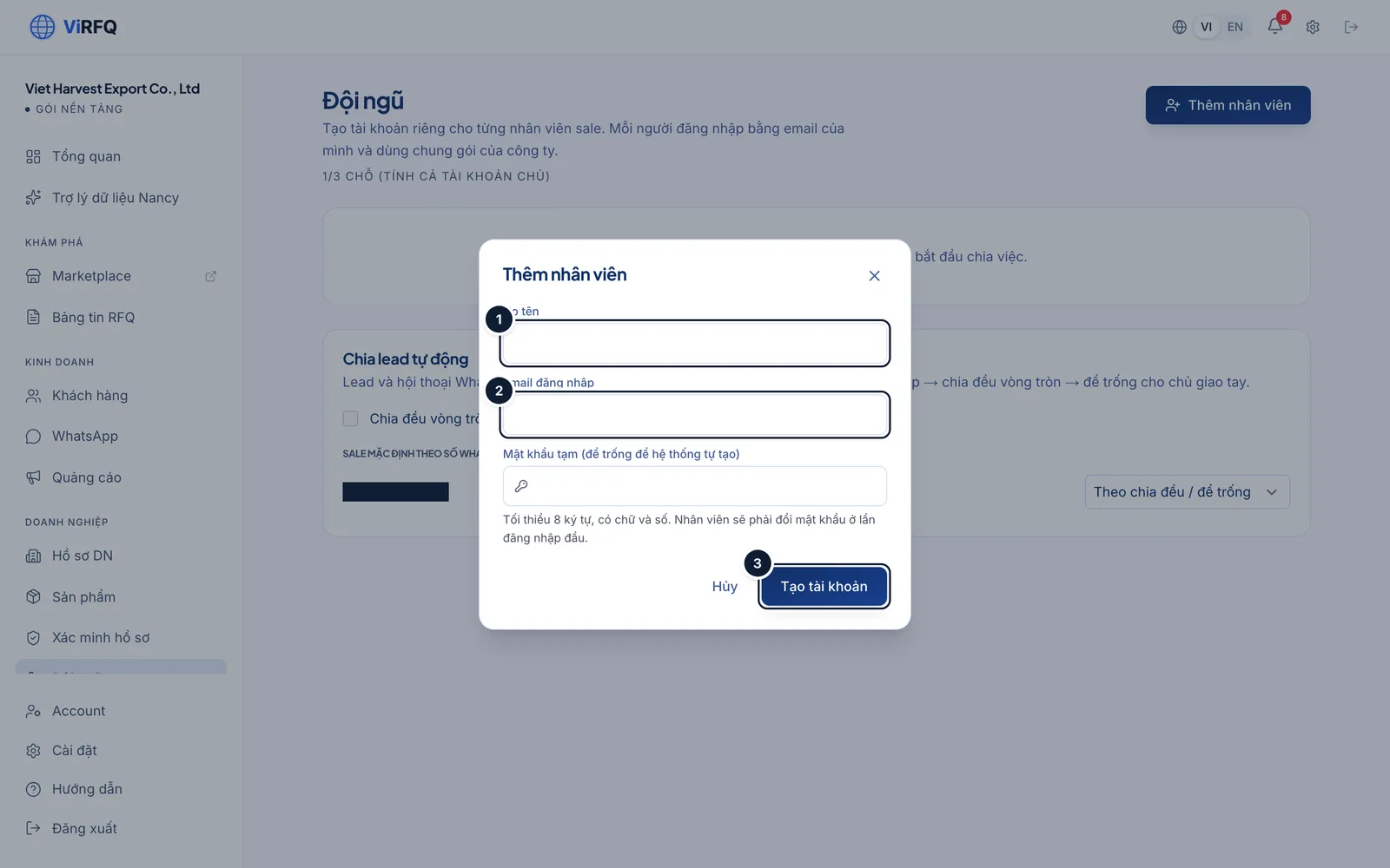 The Add staff dialog with the full name field (1), the login email (2) and the Create account button (3)
