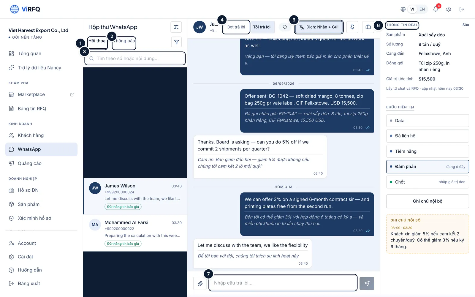 The WhatsApp Inbox with the Chats tab (1), Notifications (2), the search box (3), the Bot replies / I reply switch (4), the translate button (5), the Deal info block (6) and the composer (7)