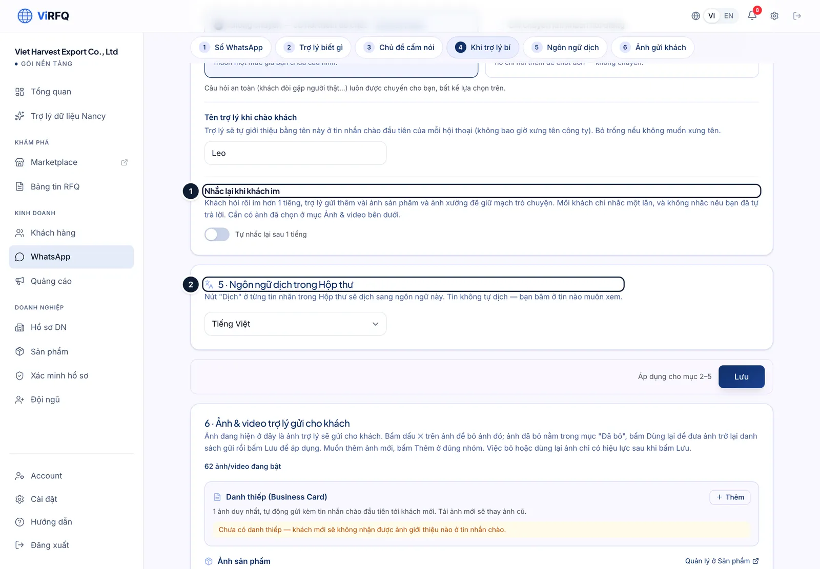 The Follow up when a buyer goes quiet block (1) and the Translate language section (2) on the assistant settings page
