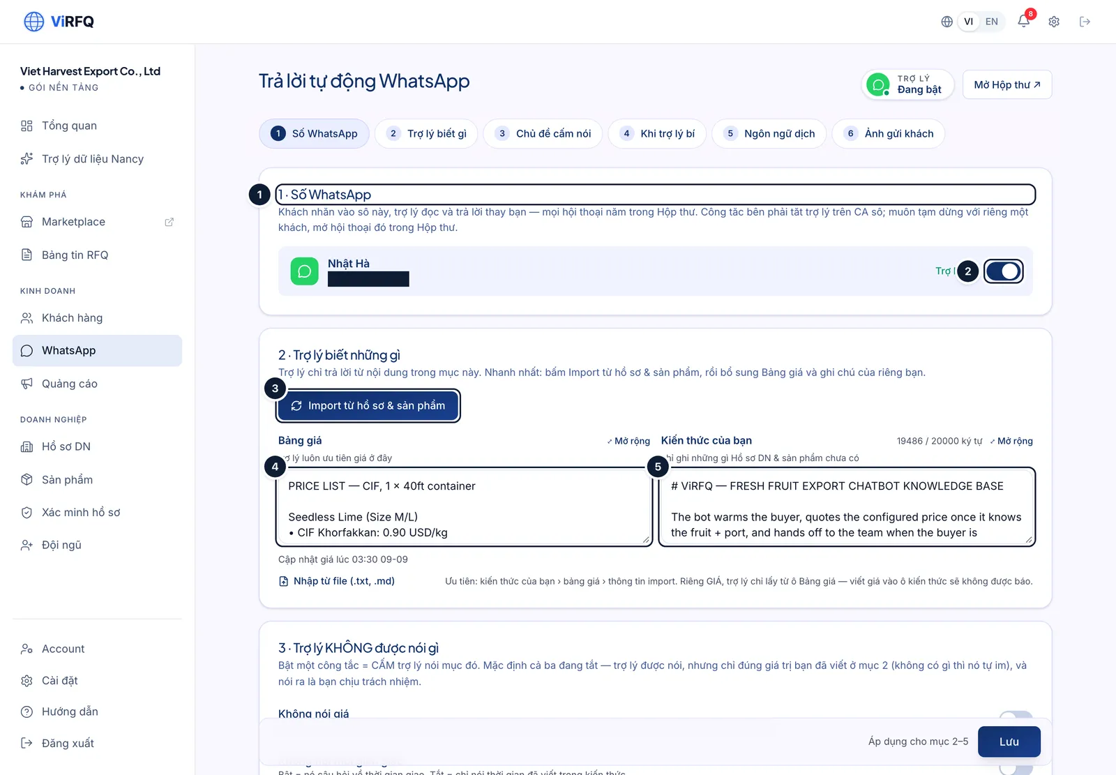 The WhatsApp assistant settings page with the WhatsApp number section (1), the assistant switch (2), the Import from profile and products button (3), the Price list box (4) and the Knowledge box (5)