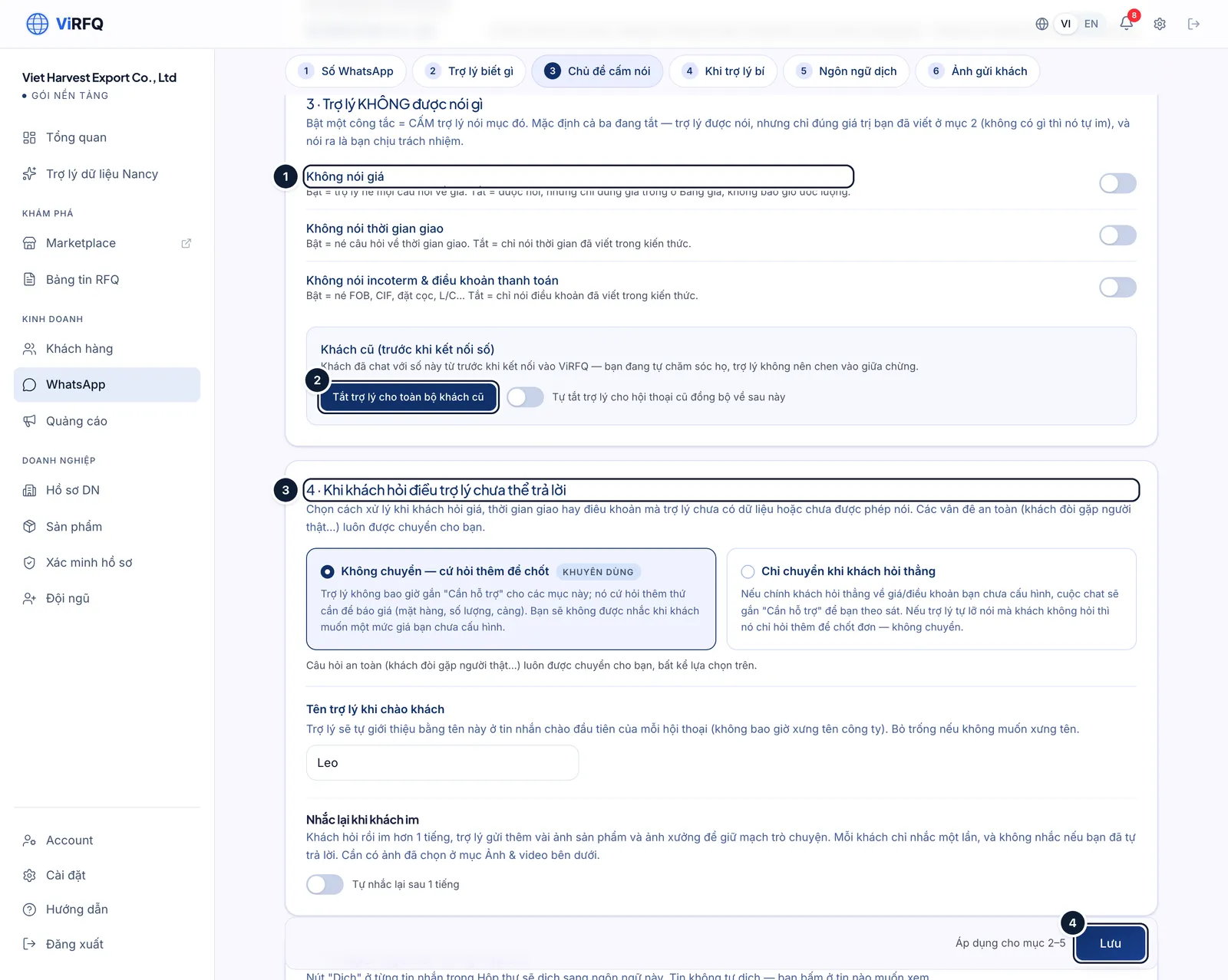 The What the assistant must not say sections with the No prices switch (1), the Turn the assistant off for all old buyers button (2), the section for when a buyer asks something the assistant cannot answer (3) and the Save button (4)