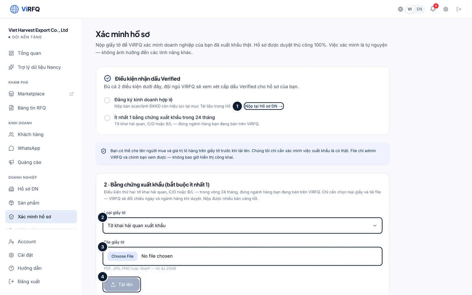 Verification page with the Submit in Business Profile link (1), the document type selector (2), the file field (3) and the Upload button (4)